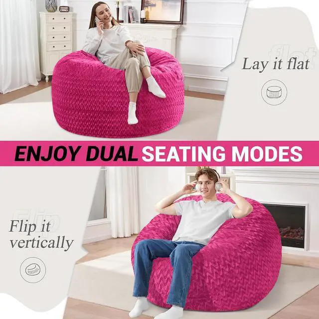 Alt view image 2 of 6 - 3FT Bean Bag Chair,Giant Bean Bag Chairs for Adults,Big Bean Bags with Memory Foam Filled, Large Beanbag Chairs with Chevron Plush Cover-Pink