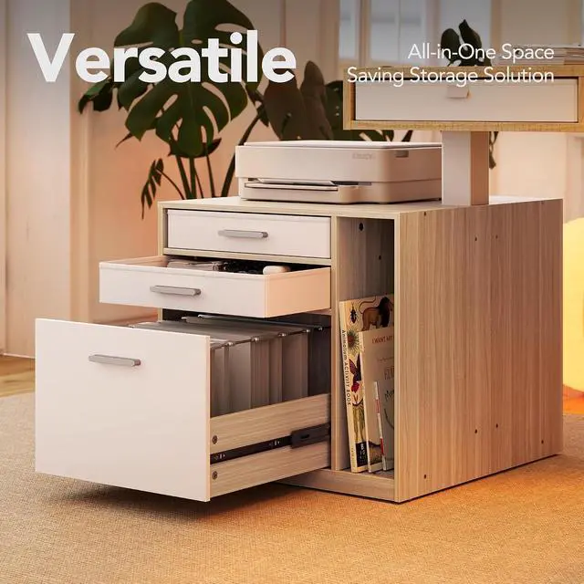 Alt view image 3 of 7 - 83" Electric L Shaped Standing Desk with File Cabinet, Light Walnut | 63"x55" L-Shaped Corner Desk,3-Drawer File Cabinet,2 Fabric Storage Drawers,220lbs Carbon Steel,27.6"-46.5" Adjustable Height
