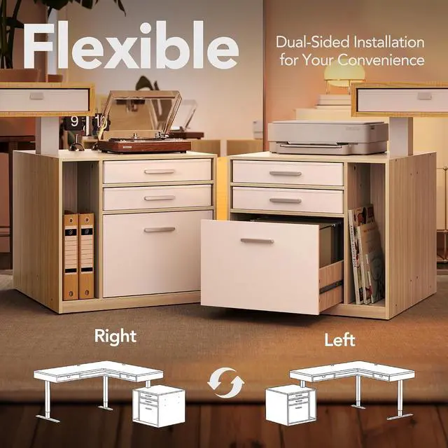 Alt view image 4 of 7 - 83" Electric L Shaped Standing Desk with File Cabinet, Light Walnut | 63"x55" L-Shaped Corner Desk,3-Drawer File Cabinet,2 Fabric Storage Drawers,220lbs Carbon Steel,27.6"-46.5" Adjustable Height
