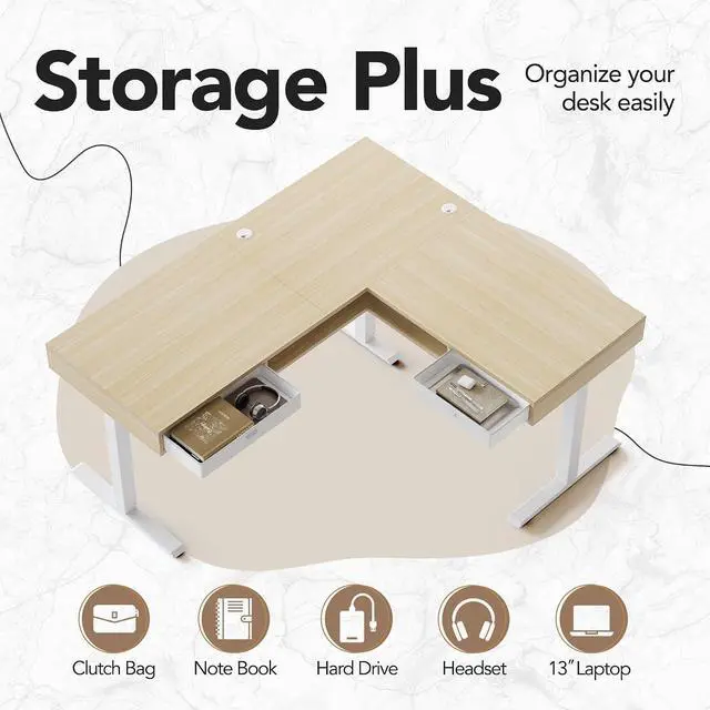 Alt view image 5 of 7 - 63" X 55" Electric L Shaped Standing Desk, 2 Drawers, Light Walnut | L-Shaped Corner Desk,2 Fabric Storage Drawers,4 Quiet Memory Presets,220lbs Carbon Steel, 27.6"-46.5" Adjustable Height