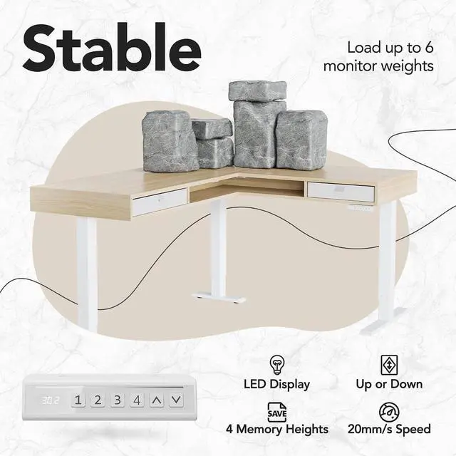 Alt view image 3 of 7 - 63" X 55" Electric L Shaped Standing Desk, 2 Drawers, Light Walnut | L-Shaped Corner Desk,2 Fabric Storage Drawers,4 Quiet Memory Presets,220lbs Carbon Steel, 27.6"-46.5" Adjustable Height