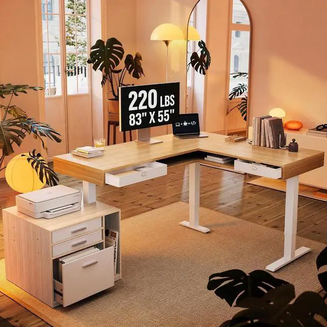 Main image of 83" Electric L Shaped Standing Desk with File Cabinet, Light Walnut | 63"x55" L-Shaped Corner Desk,3-Drawer File Cabinet,2 Fabric Storage Drawers,220lbs Carbon Steel,27.6"-46.5" Adjustable Height