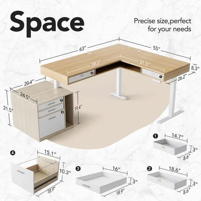 Alt view image 2 of 7 - 83" Electric L Shaped Standing Desk with File Cabinet, Light Walnut | 63"x55" L-Shaped Corner Desk,3-Drawer File Cabinet,2 Fabric Storage Drawers,220lbs Carbon Steel,27.6"-46.5" Adjustable Height
