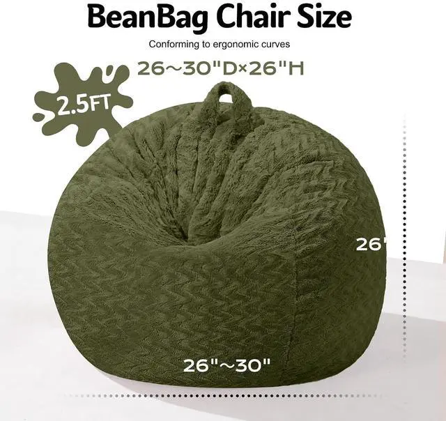 Alt view image 2 of 7 - 2FT Bean Bag Chair,Giant Bean Bag Chairs for Adults,Big Bean Bags with Memory Foam Filled, Large Beanbag Chairs with Chevron Plush Cover-Green
