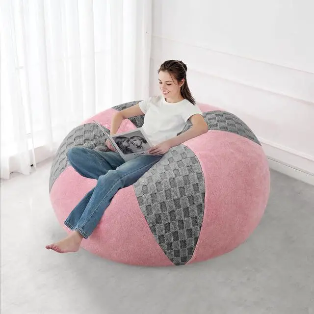 Alt view image 5 of 7 - 4FT Bean Bag Chair Teardrop Beanbag Chair with Memory Foam Filled Soft Checkboard Leaf alongside Plush Bean Bag Sofa with Removable Cover for Living Room,Bedroom-Checkboard Light Grey&Pink
