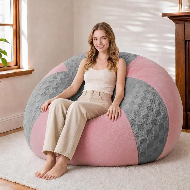 Main image of 4FT Bean Bag Chair Teardrop Beanbag Chair with Memory Foam Filled Soft Checkboard Leaf alongside Plush Bean Bag Sofa with Removable Cover for Living Room,Bedroom-Checkboard Light Grey&Pink