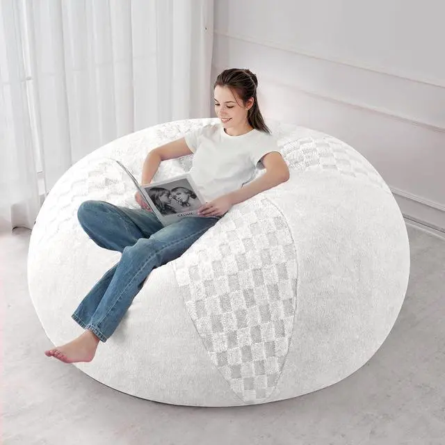 Main image of 6FT Bean Bag Chair Teardrop Beanbag Chair with Memory Foam Filled Soft Checkboard Leaf alongside Plush Bean Bag Sofa with Removable Cover for Living Room,Bedroom-Checkboard White
