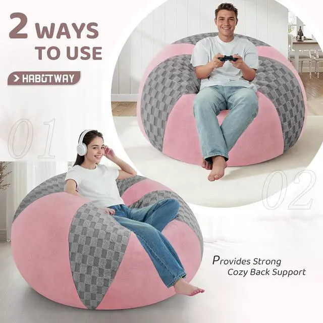 Alt view image 4 of 7 - 4FT Bean Bag Chair Teardrop Beanbag Chair with Memory Foam Filled Soft Checkboard Leaf alongside Plush Bean Bag Sofa with Removable Cover for Living Room,Bedroom-Checkboard Light Grey&Pink