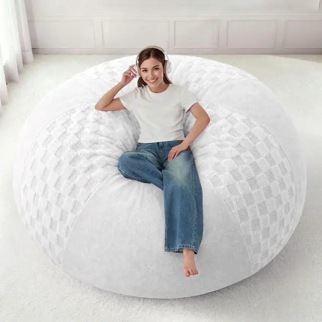 Alt view image 3 of 7 - 6FT Bean Bag Chair Teardrop Beanbag Chair with Memory Foam Filled Soft Checkboard Leaf alongside Plush Bean Bag Sofa with Removable Cover for Living Room,Bedroom-Checkboard White