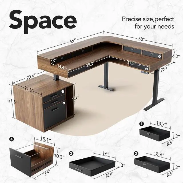 Alt view image 2 of 7 - 85" Electric L Shaped Standing Desk with File Cabinet, Walnut | 65"x58" 2-Tier L-Desk,File Cabinet, 6 Drawers,220lbs Carbon Steel,4 Memory Presets, 27.6"-46.5" Adjustable Height