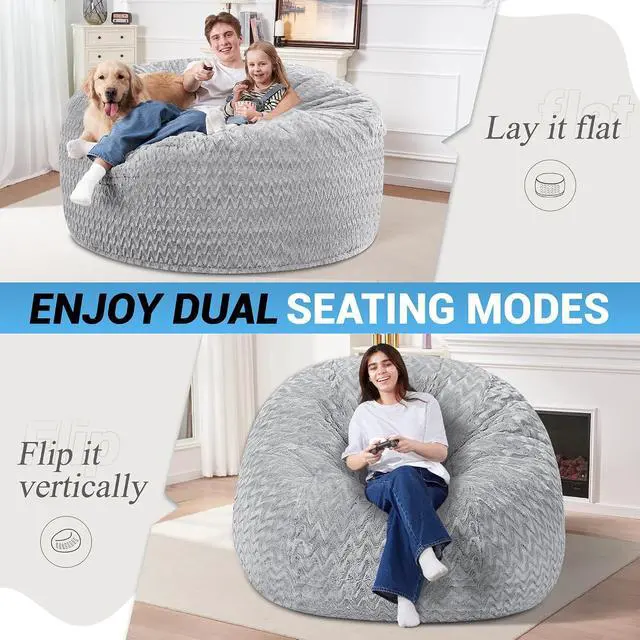 Alt view image 2 of 7 - 5FT Bean Bag Chair,Giant Bean Bag Chairs for Adults,Big Bean Bags with Memory Foam Filled, Large Beanbag Chairs with Chevron Plush Cover-Light Grey
