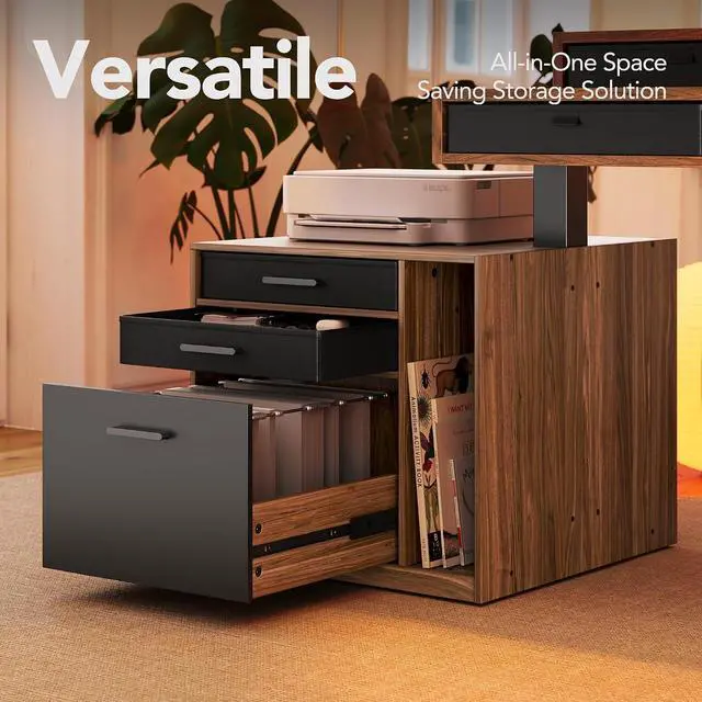 Alt view image 4 of 7 - 85" Electric L Shaped Standing Desk with File Cabinet, Walnut | 65"x58" 2-Tier L-Desk,File Cabinet, 6 Drawers,220lbs Carbon Steel,4 Memory Presets, 27.6"-46.5" Adjustable Height