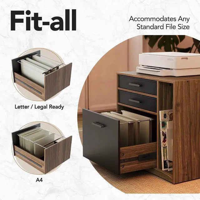 Alt view image 5 of 7 - 85" Electric L Shaped Standing Desk with File Cabinet, Walnut | 65"x58" 2-Tier L-Desk,File Cabinet, 6 Drawers,220lbs Carbon Steel,4 Memory Presets, 27.6"-46.5" Adjustable Height