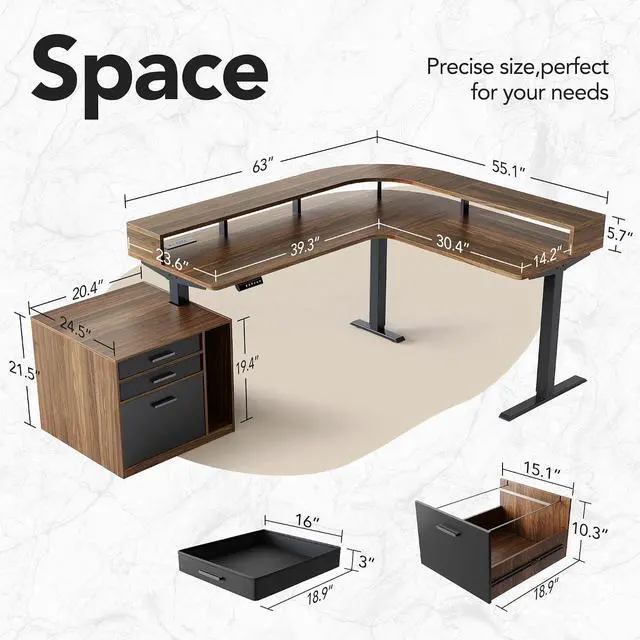 Alt view image 2 of 7 - LED Electric L Shaped Standing Desk with File Cabinet, Walnut | 63"x55" 2-Tier L-Desk,3-Drawer File Cabinet,RGB LED App Lighting,Built-in Power Outlets,27.6"-46.5" Adjustable Height