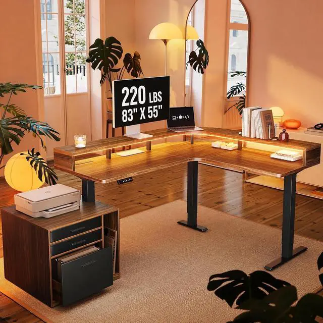 Main image of LED Electric L Shaped Standing Desk with File Cabinet, Walnut | 63"x55" 2-Tier L-Desk,3-Drawer File Cabinet,RGB LED App Lighting,Built-in Power Outlets,27.6"-46.5" Adjustable Height