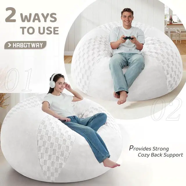 Alt view image 7 of 7 - 6FT Bean Bag Chair Teardrop Beanbag Chair with Memory Foam Filled Soft Checkboard Leaf alongside Plush Bean Bag Sofa with Removable Cover for Living Room,Bedroom-Checkboard White