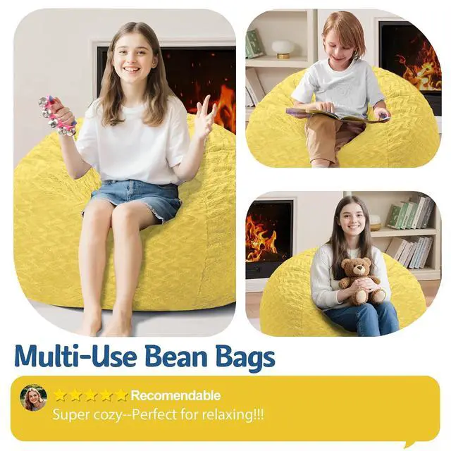 Alt view image 6 of 7 - 2FT Bean Bag Chair,Giant Bean Bag Chairs for Adults,Big Bean Bags with Memory Foam Filled, Large Beanbag Chairs with Chevron Plush Cover-Yellow