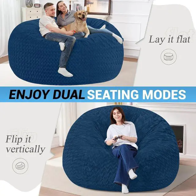 Alt view image 3 of 7 - 6FT Bean Bag Chair,Giant Bean Bag Chairs for Adults,Big Bean Bags with Memory Foam Filled, Large Beanbag Chairs with Chevron Plush Cover-Blue