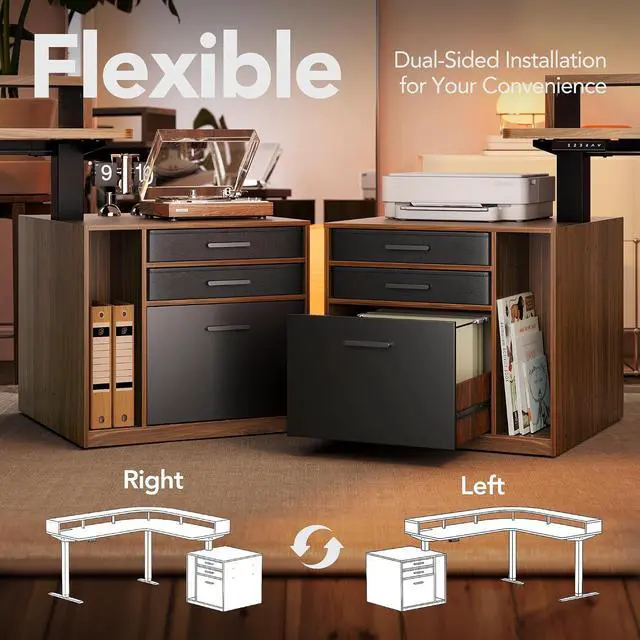 Alt view image 3 of 7 - LED Electric L Shaped Standing Desk with File Cabinet, Walnut | 63"x55" 2-Tier L-Desk,3-Drawer File Cabinet,RGB LED App Lighting,Built-in Power Outlets,27.6"-46.5" Adjustable Height
