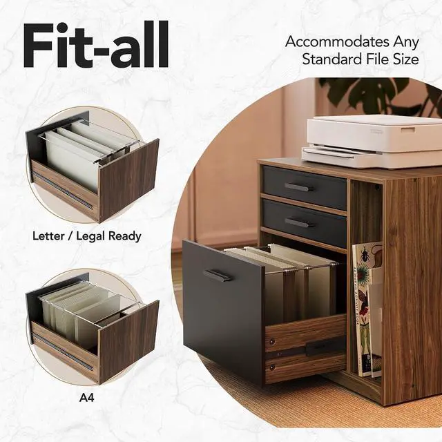 Alt view image 5 of 7 - LED Electric L Shaped Standing Desk with File Cabinet, Walnut | 63"x55" 2-Tier L-Desk,3-Drawer File Cabinet,RGB LED App Lighting,Built-in Power Outlets,27.6"-46.5" Adjustable Height