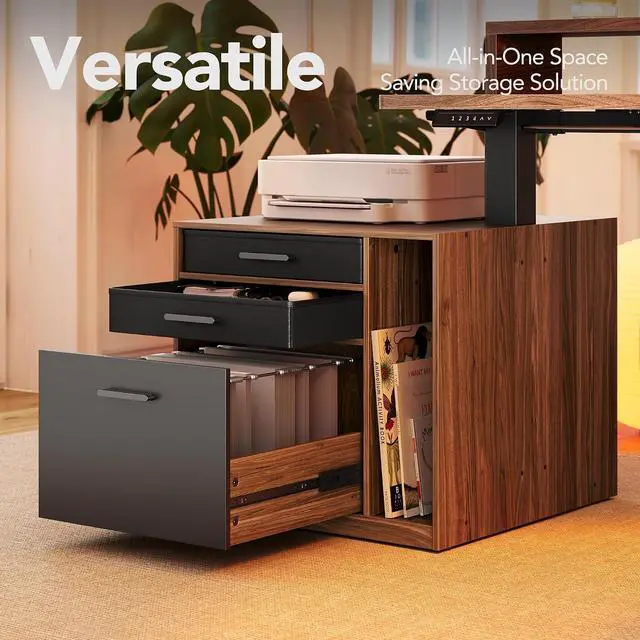 Alt view image 4 of 7 - LED Electric L Shaped Standing Desk with File Cabinet, Walnut | 63"x55" 2-Tier L-Desk,3-Drawer File Cabinet,RGB LED App Lighting,Built-in Power Outlets,27.6"-46.5" Adjustable Height