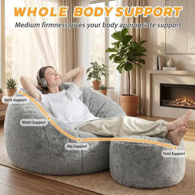 Alt view image 4 of 7 - Bean Bag Chair, Oversized Shell-Shaped Bean Bag Couch with Ottoman, Giant Beanbag Chair for Adults and Kids, Comfy Bean Bag Sofa & Footstool, Large Floor Sofa for Living Room Bedroom, Grey