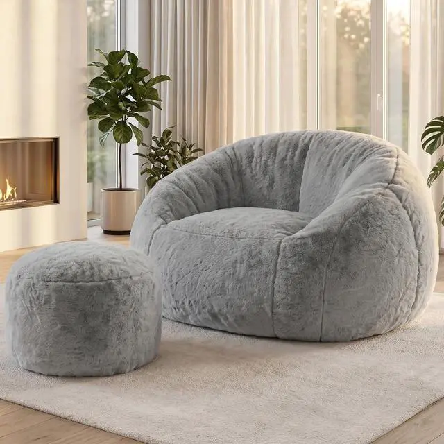 Alt view image 5 of 7 - Bean Bag Chair, Oversized Shell-Shaped Bean Bag Couch with Ottoman, Giant Beanbag Chair for Adults and Kids, Comfy Bean Bag Sofa & Footstool, Large Floor Sofa for Living Room Bedroom, Grey