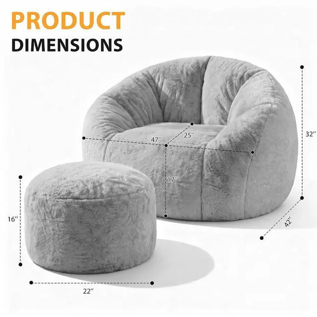 Alt view image 2 of 7 - Bean Bag Chair, Oversized Shell-Shaped Bean Bag Couch with Ottoman, Giant Beanbag Chair for Adults and Kids, Comfy Bean Bag Sofa & Footstool, Large Floor Sofa for Living Room Bedroom, Grey