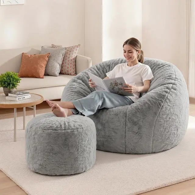 Alt view image 3 of 7 - Bean Bag Chair, Oversized Shell-Shaped Bean Bag Couch with Ottoman, Giant Beanbag Chair for Adults and Kids, Comfy Bean Bag Sofa & Footstool, Large Floor Sofa for Living Room Bedroom, Grey