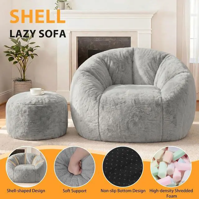 Alt view image 6 of 7 - Bean Bag Chair, Oversized Shell-Shaped Bean Bag Couch with Ottoman, Giant Beanbag Chair for Adults and Kids, Comfy Bean Bag Sofa & Footstool, Large Floor Sofa for Living Room Bedroom, Grey