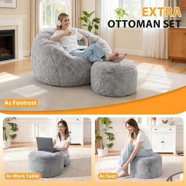 Alt view image 7 of 7 - Bean Bag Chair, Oversized Shell-Shaped Bean Bag Couch with Ottoman, Giant Beanbag Chair for Adults and Kids, Comfy Bean Bag Sofa & Footstool, Large Floor Sofa for Living Room Bedroom, Grey