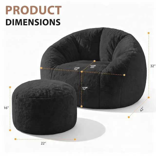 Alt view image 2 of 7 - Bean Bag Chair, Oversized Shell-Shaped Bean Bag Couch with Ottoman, Giant Beanbag Chair for Adults and Kids, Comfy Bean Bag Sofa & Footstool, Large Floor Sofa for Living Room Bedroom, Black