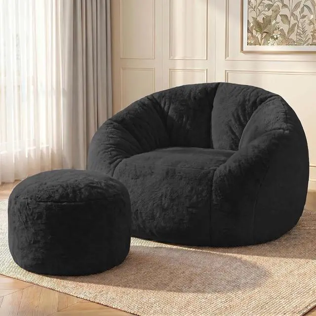 Main image of Bean Bag Chair, Oversized Shell-Shaped Bean Bag Couch with Ottoman, Giant Beanbag Chair for Adults and Kids, Comfy Bean Bag Sofa & Footstool, Large Floor Sofa for Living Room Bedroom, Black