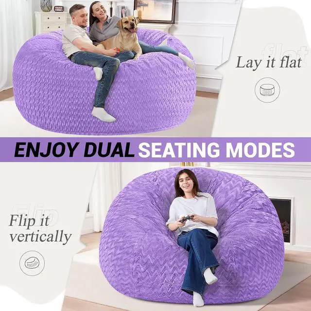 Alt view image 2 of 7 - 6FT Bean Bag Chair,Giant Bean Bag Chairs for Adults,Big Bean Bags with Memory Foam Filled, Large Beanbag Chairs with Chevron Plush Cover-Purple