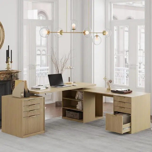 Main image of L Shaped Electric Standing Desk, 81'' x 68" Executive Height Adjustable Desk with Drawers and File Cabinet, AC/USB, Fluted Computer Desk with Storage Shelves for Home Office, Light Walnut