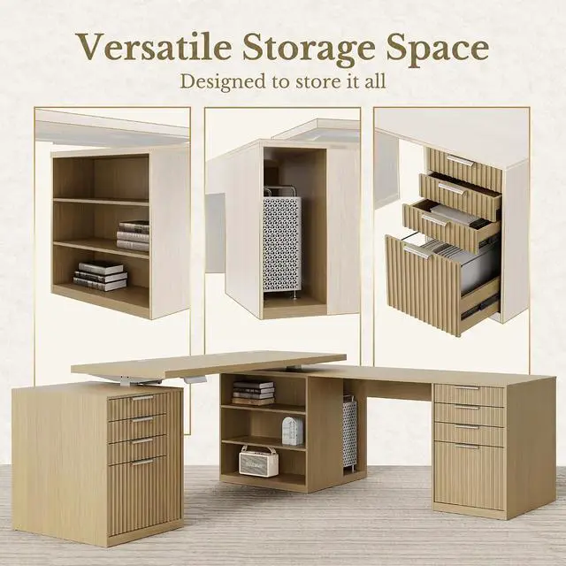 Alt view image 5 of 7 - L Shaped Electric Standing Desk, 81'' x 68" Executive Height Adjustable Desk with Drawers and File Cabinet, AC/USB, Fluted Computer Desk with Storage Shelves for Home Office, Light Walnut
