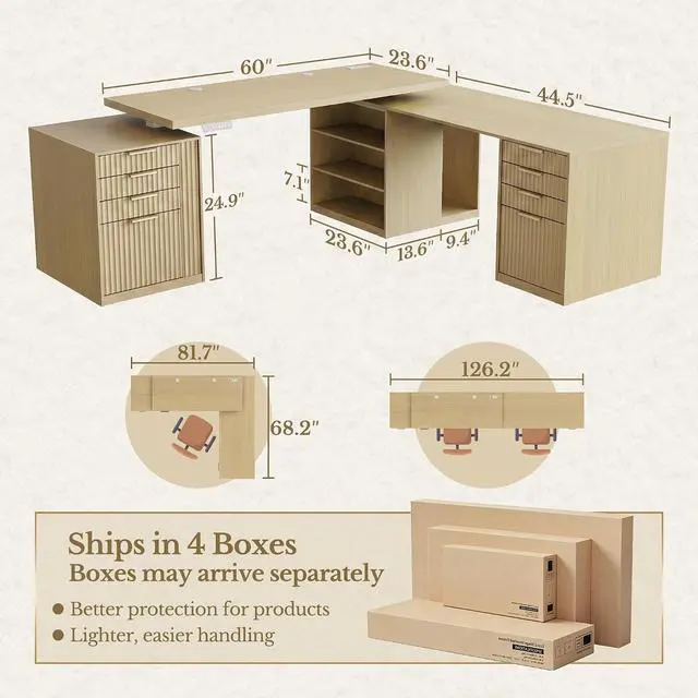 Alt view image 2 of 7 - L Shaped Electric Standing Desk, 81'' x 68" Executive Height Adjustable Desk with Drawers and File Cabinet, AC/USB, Fluted Computer Desk with Storage Shelves for Home Office, Light Walnut