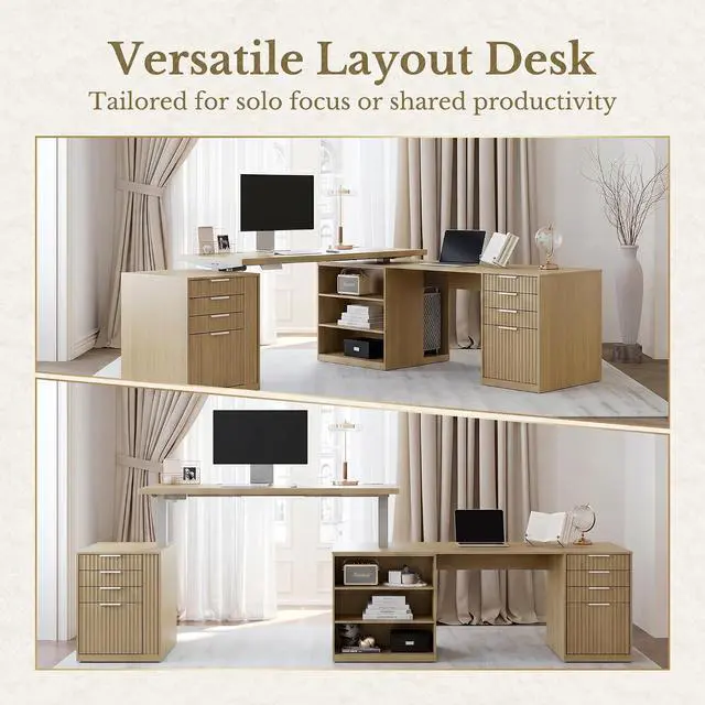 Alt view image 4 of 7 - L Shaped Electric Standing Desk, 81'' x 68" Executive Height Adjustable Desk with Drawers and File Cabinet, AC/USB, Fluted Computer Desk with Storage Shelves for Home Office, Light Walnut
