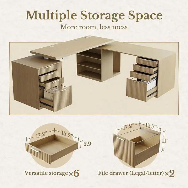 Alt view image 6 of 7 - L Shaped Electric Standing Desk, 81'' x 68" Executive Height Adjustable Desk with Drawers and File Cabinet, AC/USB, Fluted Computer Desk with Storage Shelves for Home Office, Light Walnut