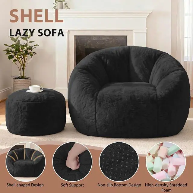 Alt view image 6 of 7 - Bean Bag Chair, Oversized Shell-Shaped Bean Bag Couch with Ottoman, Giant Beanbag Chair for Adults and Kids, Comfy Bean Bag Sofa & Footstool, Large Floor Sofa for Living Room Bedroom, Black