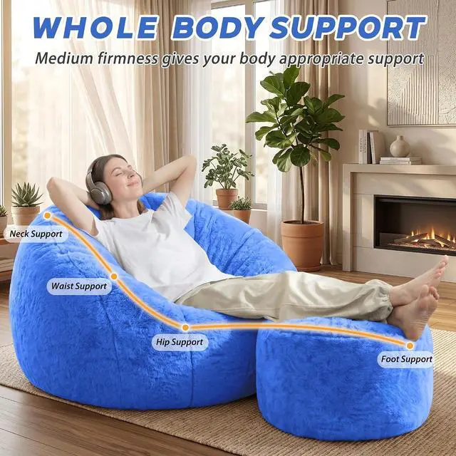 Alt view image 4 of 7 - Bean Bag Chair, Oversized Shell-Shaped Bean Bag Couch with Ottoman, Giant Beanbag Chair for Adults and Kids, Comfy Bean Bag Sofa & Footstool, Large Floor Sofa for Living Room Bedroom, Blue