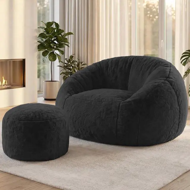 Alt view image 5 of 7 - Bean Bag Chair, Oversized Shell-Shaped Bean Bag Couch with Ottoman, Giant Beanbag Chair for Adults and Kids, Comfy Bean Bag Sofa & Footstool, Large Floor Sofa for Living Room Bedroom, Black