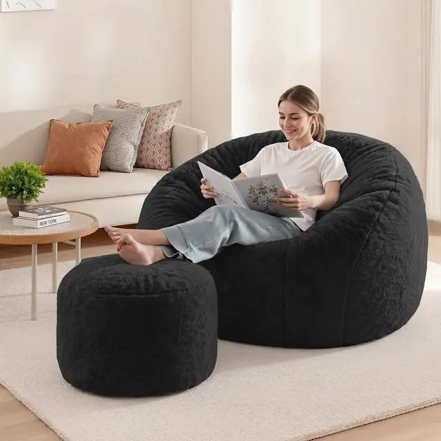 Alt view image 3 of 7 - Bean Bag Chair, Oversized Shell-Shaped Bean Bag Couch with Ottoman, Giant Beanbag Chair for Adults and Kids, Comfy Bean Bag Sofa & Footstool, Large Floor Sofa for Living Room Bedroom, Black