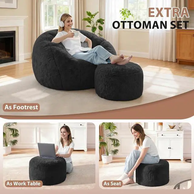Alt view image 7 of 7 - Bean Bag Chair, Oversized Shell-Shaped Bean Bag Couch with Ottoman, Giant Beanbag Chair for Adults and Kids, Comfy Bean Bag Sofa & Footstool, Large Floor Sofa for Living Room Bedroom, Black