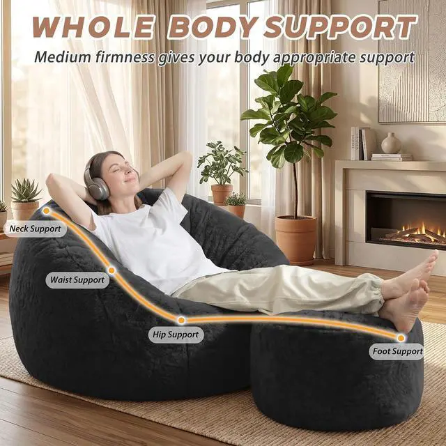 Alt view image 4 of 7 - Bean Bag Chair, Oversized Shell-Shaped Bean Bag Couch with Ottoman, Giant Beanbag Chair for Adults and Kids, Comfy Bean Bag Sofa & Footstool, Large Floor Sofa for Living Room Bedroom, Black