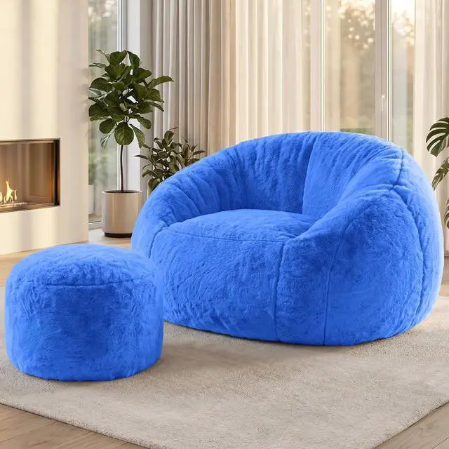 Alt view image 5 of 7 - Bean Bag Chair, Oversized Shell-Shaped Bean Bag Couch with Ottoman, Giant Beanbag Chair for Adults and Kids, Comfy Bean Bag Sofa & Footstool, Large Floor Sofa for Living Room Bedroom, Blue