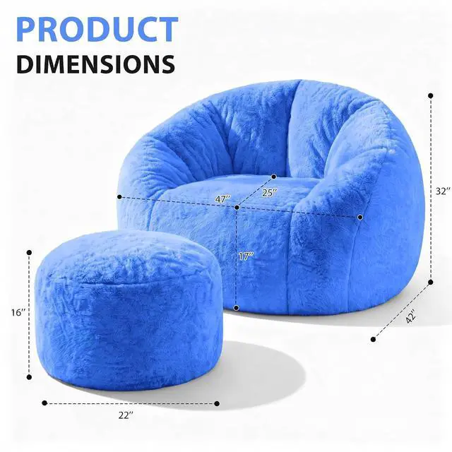 Alt view image 3 of 7 - Bean Bag Chair, Oversized Shell-Shaped Bean Bag Couch with Ottoman, Giant Beanbag Chair for Adults and Kids, Comfy Bean Bag Sofa & Footstool, Large Floor Sofa for Living Room Bedroom, Blue