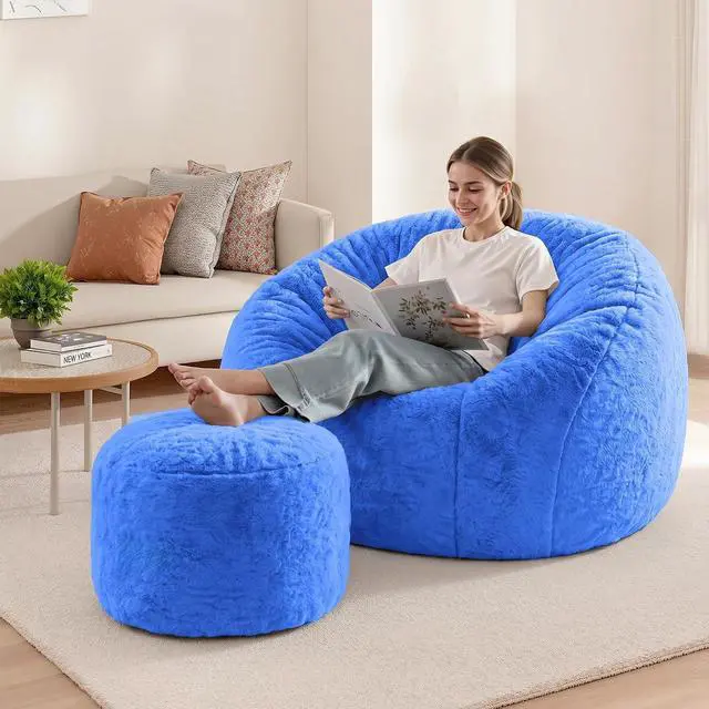 Alt view image 2 of 7 - Bean Bag Chair, Oversized Shell-Shaped Bean Bag Couch with Ottoman, Giant Beanbag Chair for Adults and Kids, Comfy Bean Bag Sofa & Footstool, Large Floor Sofa for Living Room Bedroom, Blue