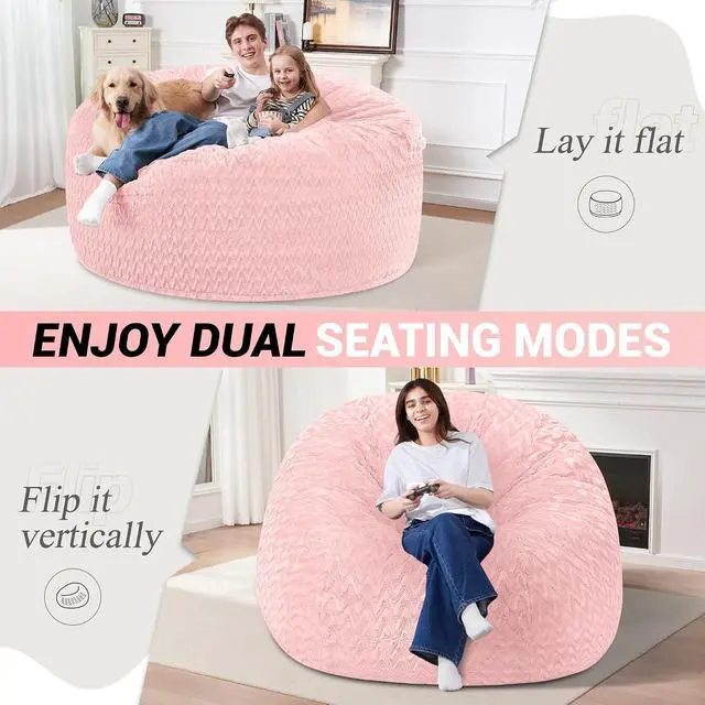 Alt view image 2 of 7 - 5FT Bean Bag Chair,Giant Bean Bag Chairs for Adults,Big Bean Bags with Memory Foam Filled, Large Beanbag Chairs with Chevron Plush Cover-Soft Pink