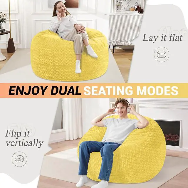 Alt view image 2 of 7 - 3FT Bean Bag Chair,Giant Bean Bag Chairs for Adults,Big Bean Bags with Memory Foam Filled, Large Beanbag Chairs with Chevron Plush Cover-Yellow